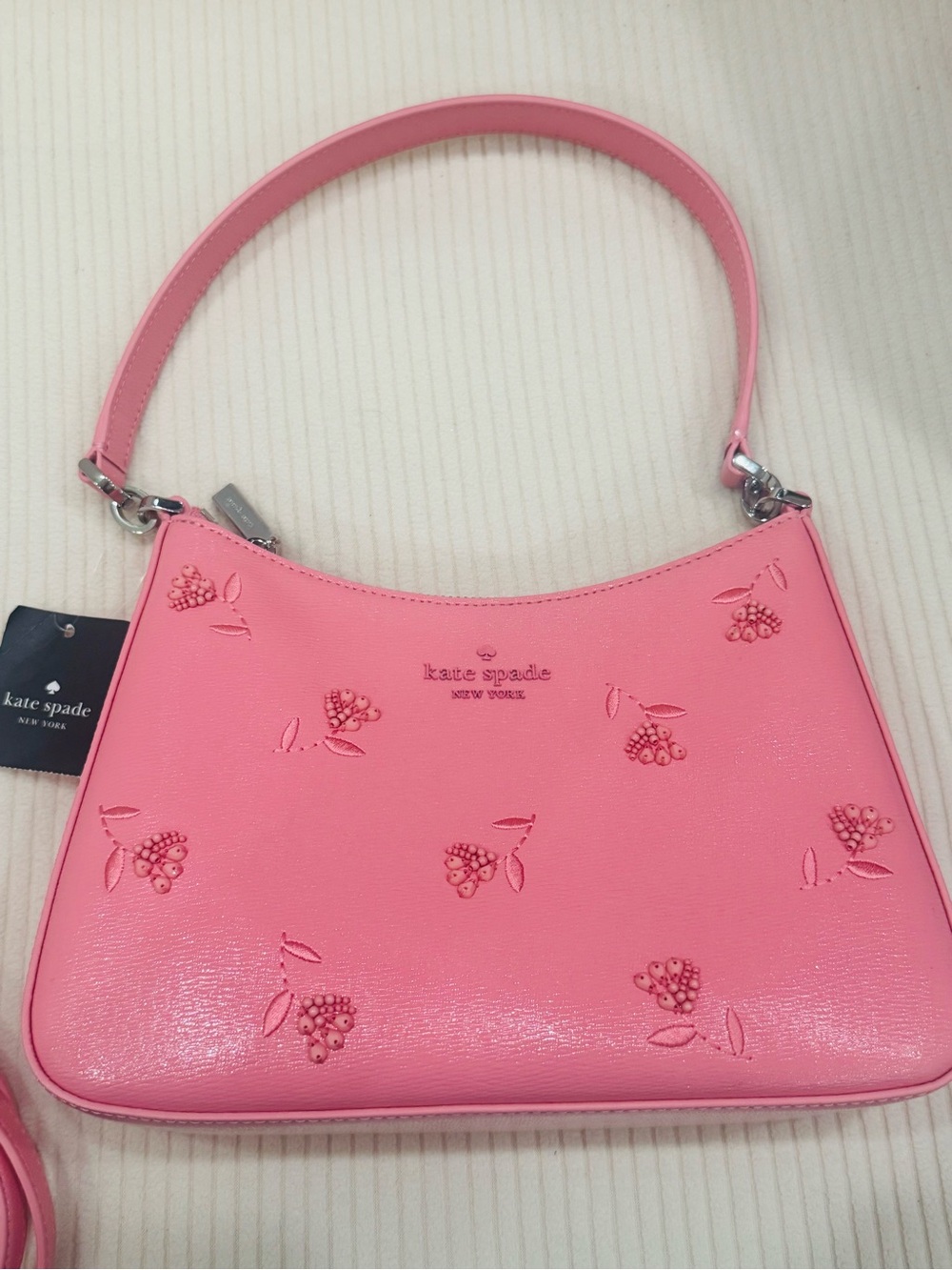 kate spade New Pink Embossed Floral Beaded Leather shoulder bag Crossbody strap - Picture 10 of 11
